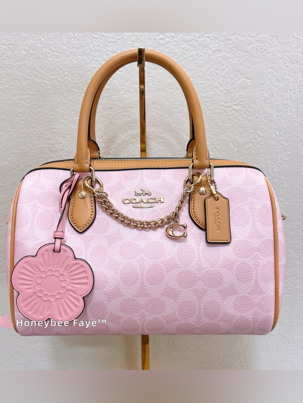 Coach Rowan medium size powder Pink Signature Dome Satchel with Tan Trim cea18